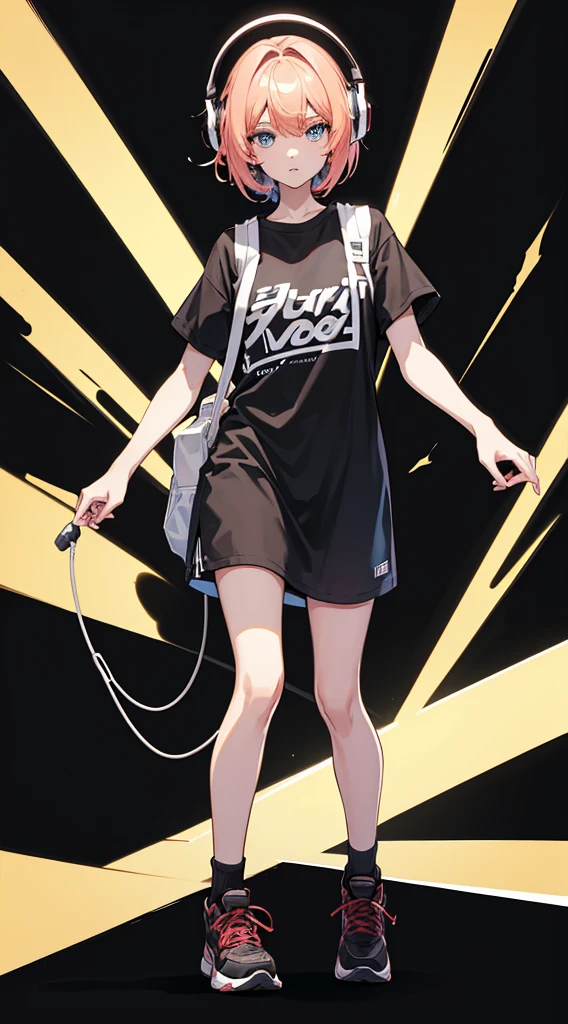 Top Quality, 8K, 4K, High Definition, Detail, (better-quality, 8K, 12), top-quality, 1 girl, short hair, she siting, wearing headphones, music effect around, full body, black background, shirt design, 90s type vibe,