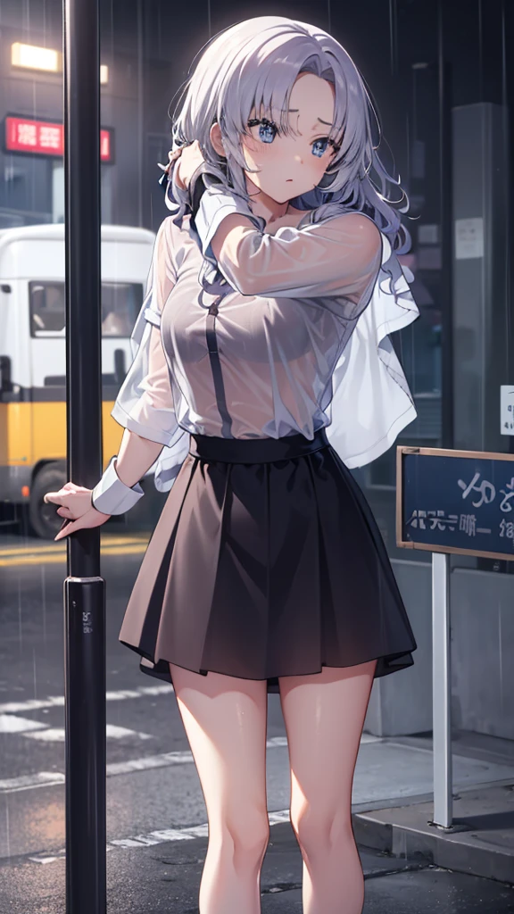 The clothes are wet, (Y-shirt is transparent: 1.4), skirt, (Unbroken body), (Perfect body structure), (arms two), (legs two), highest quality, 4K, (High resolution: 1.3) masterpiece , 1.2, Super detailed, HDR, Studio Lighting, Sharp Focus, Bright colors, Portrait, Warm tones, Soft Lighting,A bus stop in the evening rain、Put your hands on your head、