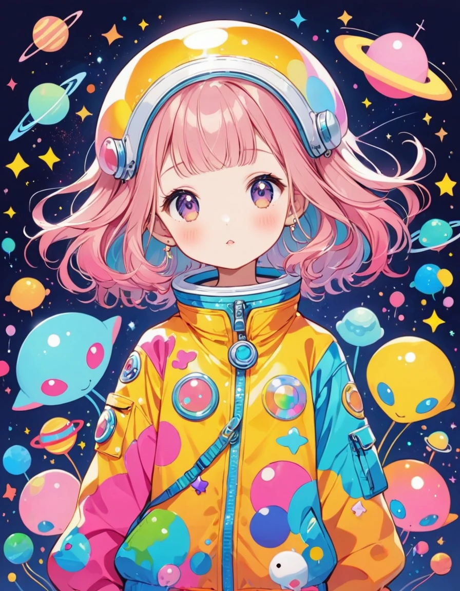 Momoko Sakura colorfull style, Simple Line Initialism,Abstract art, kawaii design, (((Dream World))), Spacesuit, (((Cute Aliens))), The background is space