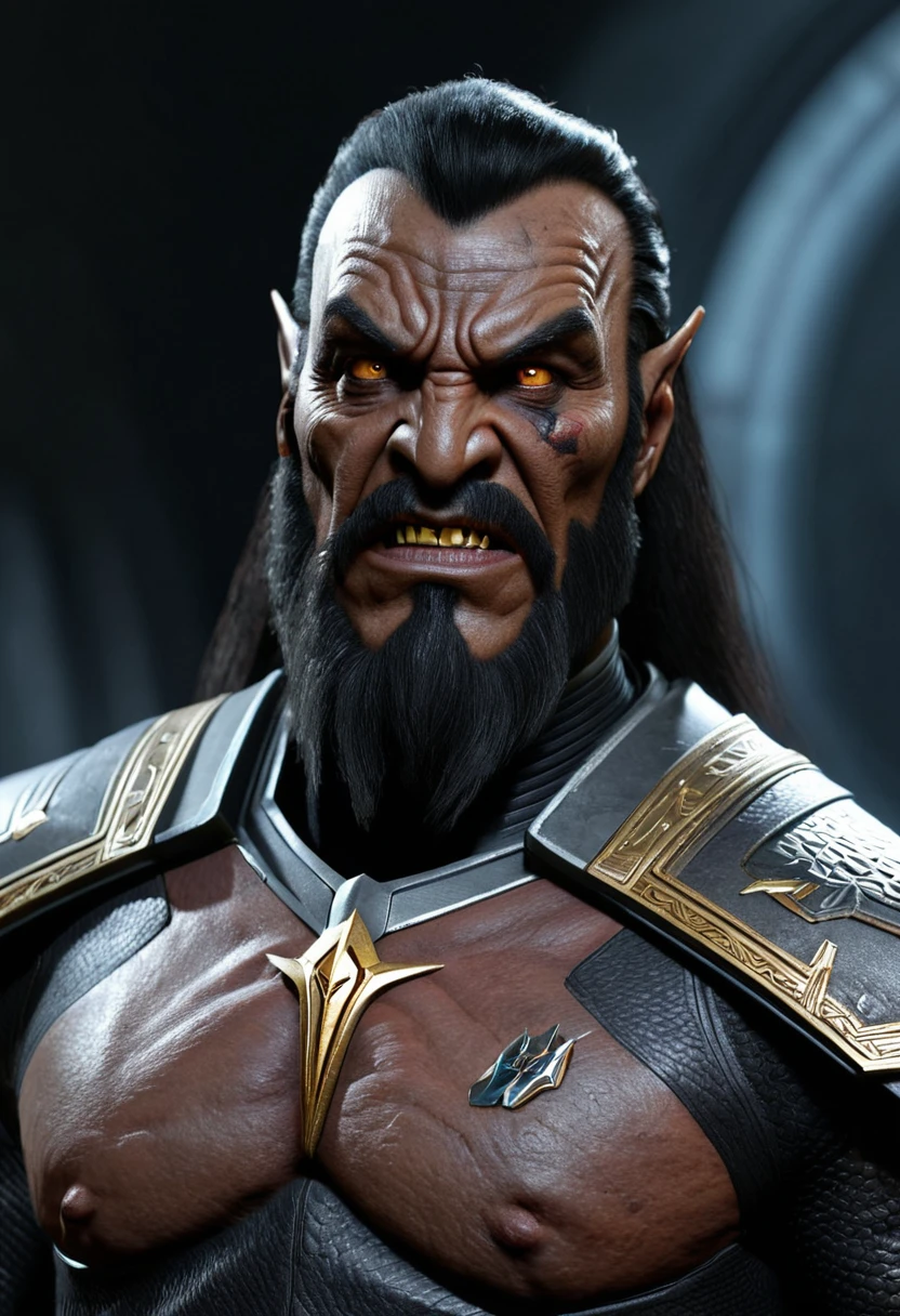 A hyper-realistic, highly detailed, and vibrantly colored 3D render of a Klingon warrior from the Star Trek movie universe, rendered in breathtaking 32K ultra HD resolution using the Unreal Engine and Octane 3D rendering, with meticulous attention to texture, lighting, and atmosphere, evoking an intense sense of excitement and dynamism, as if the Klingon is about to leap off the screen, set against a richly textured, dark grey to black background that accentuates the subject's imposing presence, with a subtle ring light effect casting a golden glow on the Klingon's facial features, which are characterized by a strong, chiseled jawline, prominent forehead ridges, and piercing brown eyes, with a subtle sheen of sweat on their dark, bronze-toned skin, their traditional Klingon attire adorned with intricate, gold accents and ornate patterns, every element blended together in a masterful display of 3D modeling and rendering expertise, reminiscent of Pixar's cutting-edge animation style.