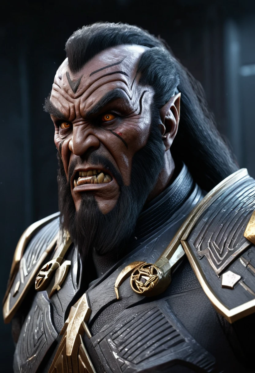 A hyper-realistic, highly detailed, and vibrantly colored 3D render of a Klingon warrior from the Star Trek movie universe, rendered in breathtaking 32K ultra HD resolution using the Unreal Engine and Octane 3D rendering, with meticulous attention to texture, lighting, and atmosphere, evoking an intense sense of excitement and dynamism, as if the Klingon is about to leap off the screen, set against a richly textured, dark grey to black background that accentuates the subject's imposing presence, with a subtle ring light effect casting a golden glow on the Klingon's facial features, which are characterized by a strong, chiseled jawline, prominent forehead ridges, and piercing brown eyes, with a subtle sheen of sweat on their dark, bronze-toned skin, their traditional Klingon attire adorned with intricate, gold accents and ornate patterns, every element blended together in a masterful display of 3D modeling and rendering expertise, reminiscent of Pixar's cutting-edge animation style.
