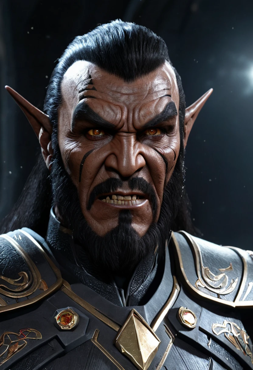 A hyper-realistic, highly detailed, and vibrantly colored 3D render of a Klingon warrior from the Star Trek movie universe, rendered in breathtaking 32K ultra HD resolution using the Unreal Engine and Octane 3D rendering, with meticulous attention to texture, lighting, and atmosphere, evoking an intense sense of excitement and dynamism, as if the Klingon is about to leap off the screen, set against a richly textured, dark grey to black background that accentuates the subject's imposing presence, with a subtle ring light effect casting a golden glow on the Klingon's facial features, which are characterized by a strong, chiseled jawline, prominent forehead ridges, and piercing brown eyes, with a subtle sheen of sweat on their dark, bronze-toned skin, their traditional Klingon attire adorned with intricate, gold accents and ornate patterns, every element blended together in a masterful display of 3D modeling and rendering expertise, reminiscent of Pixar's cutting-edge animation style.