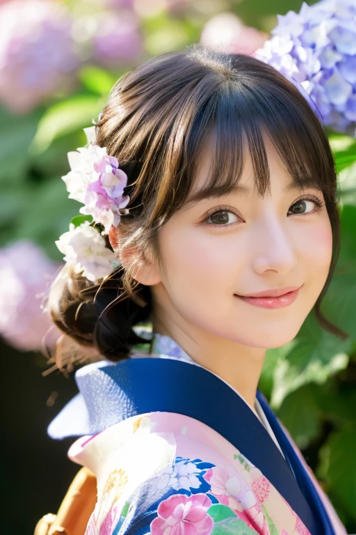 (Light makeup)、(top-quality,​masterpiece:1.3,超A high resolution,),(Ultra-detail,Caustics),(Photorealsitic:1.4,RAW shooting,)Ultra-realistic capture,（32ｋ,high detal,high-detail、​masterpiece,Attention to detail,full body Esbian,solo,Lori：1.6),Raw photo & realistic atmosphere, beautiful dark blue eyes, dark brown hair, Detailed mouth,Glossy lips, Detailed eyebrows, Eyes drawn in detail with soft white skin that shines with every detail)、、 (Skin texture is natural、、The skin looks healthy with an even tone、 Use natural light and color, japanese, A dark-haired, long hair,(depth of fields、realisitic、8K UHD、hight resolution、(1girl in:1.2)、The ultra-detailliert、High quality textures、very detailed CG、High quality shadows, A dark-haired、Kyo-Yuzen、blue Kimono、park background , (Super cute face in idol style:1.4)、slim and beautiful figure、A smile、full body Esbian:1.2, Japanese woman in kimono, 25 years old, hydrangeas flower background, standing under hydrangeas flower, natural lighting, big smile, colorful kimono