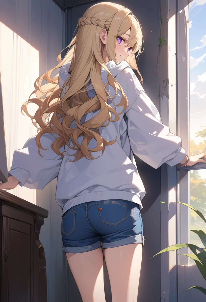 masterpiece, best quality, extremely detailed, ultra detailed, flat anime, 2D,
1girl, (young adult:1.2),blonde hair, (semi-long hair:1.2), curly hair, french braid, medium breasts, purple eyes, tsurime, height 1.7meters,
white hooded sweatshirt, jeans,bracelet, long sleeves,socks,
smile,It's peeking out from behind the wall to the side.,
upper body,from behind, (dynamic:1.2),
summer, livingroom, 12AM., standing