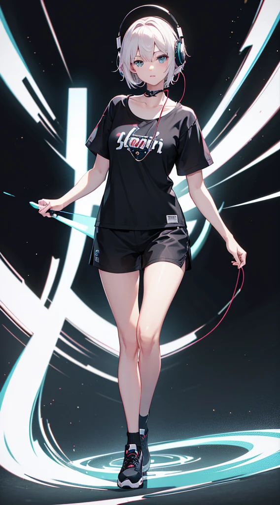 Top Quality, 8K, 4K, High Definition, Detail, (better-quality, 8K, 12), top-quality, 1 girl, short hair, she siting, wearing headphones, music effect around, full body, black background, shirt design, 90s type vibe,
