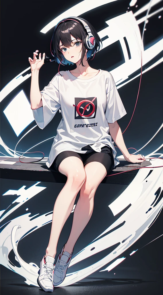 Top Quality, 8K, 4K, High Definition, Detail, (better-quality, 8K, 12), top-quality, 1 girl, short hair, she siting, wearing headphones, music effect around, full body, black background, shirt design, 90s type vibe,
