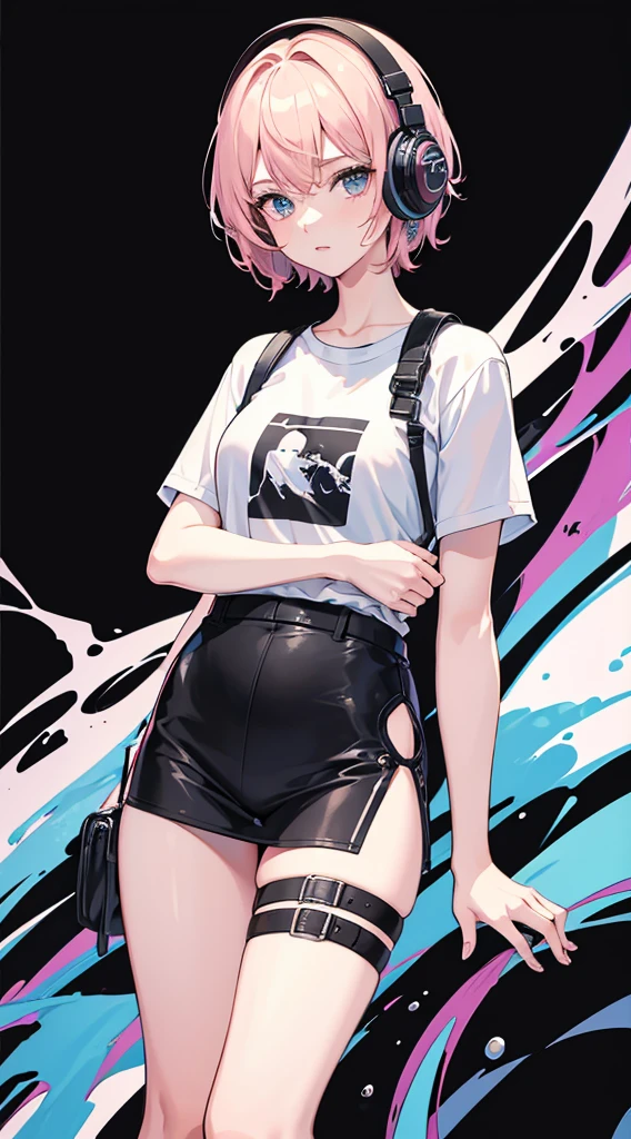 Top Quality, 8K, 4K, High Definition, Detail, (better-quality, 8K, 12), top-quality, 1 girl, short hair, she siting, wearing headphones, music effect around, full body, black background, shirt design, 90s type vibe,