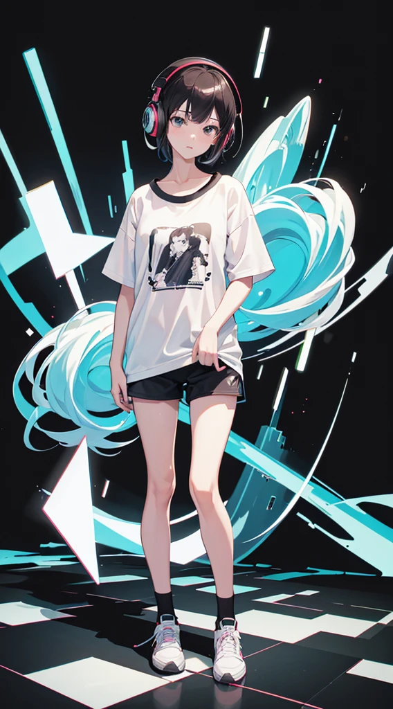 Top Quality, 8K, 4K, High Definition, Detail, (better-quality, 8K, 12), top-quality, 1 girl, short hair, she siting, wearing headphones, music effect around, full body, black background, shirt design, 90s type vibe,