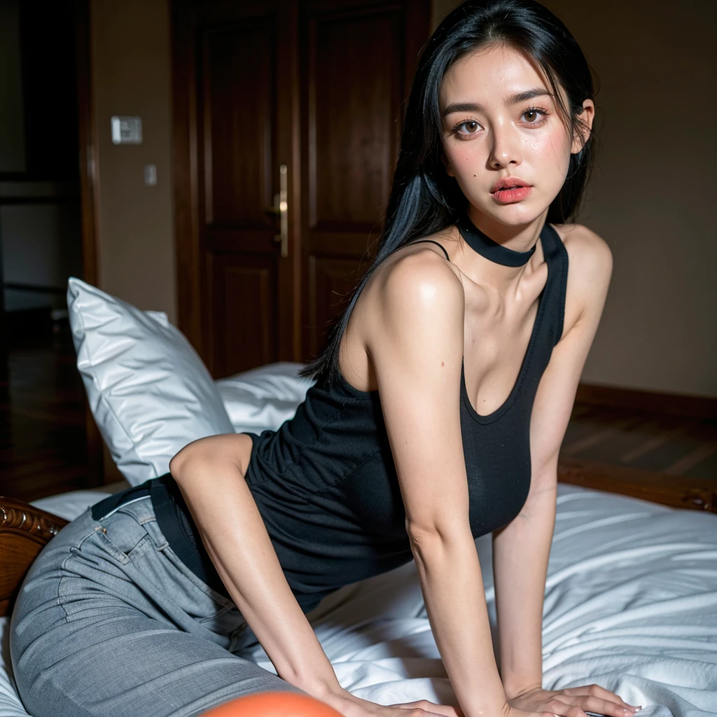 best quality, ultra high res, (photorealistic:1.4), 2girl, tanktop black shirt, black tight skirt, black choker, (faded ash gray hair:1), medium breasts, looking at viewer, closeup, (pretty face) , southeast asia girl.