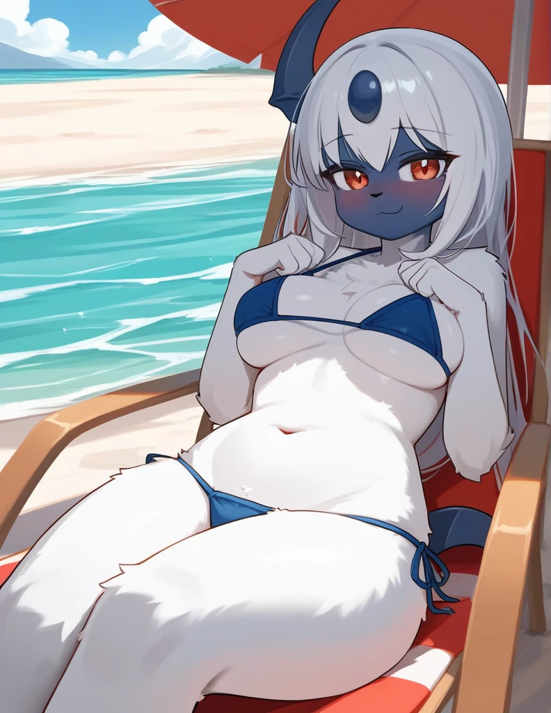 alone, score_9,score_8_up,score_7_up, by author Zinfyu, an anthro furry female absol girl, wearing frilly blue mini bikini, ample breasts, wide hips, lounging on a long pool chair on the beach, cute pose, shy smile, blushing, back view.