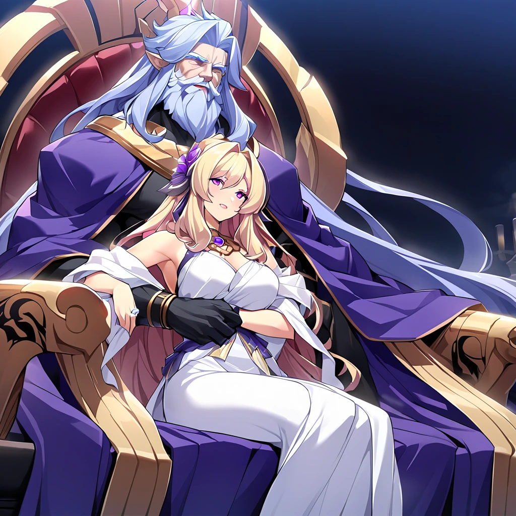 ((Highest quality)), ((masterpiece)), (detailed), (Perfect Face)、Women are divine in both mind and body, like the Greek goddess Hera.々Hera, the wife of Zeus, king of the gods, is happily embracing a man.、The woman is the goddess Hera, the queen of the one and only god Zeus. She has medium-long hair, wears a gorgeous ancient Greek Doric chiton, an engagement ring, and gorgeous accessories. She is an elegant, graceful, and beautiful goddess, Hera, and the wife of Zeus.、The woman is seen sitting on a magnificent temple throne with the regal, bearded, elderly god Zeus, wearing an ancient Greek Doric chiton.、Ancient Greek man in Doric chiton, dignified bearded old man, god Zeus, embracing a woman