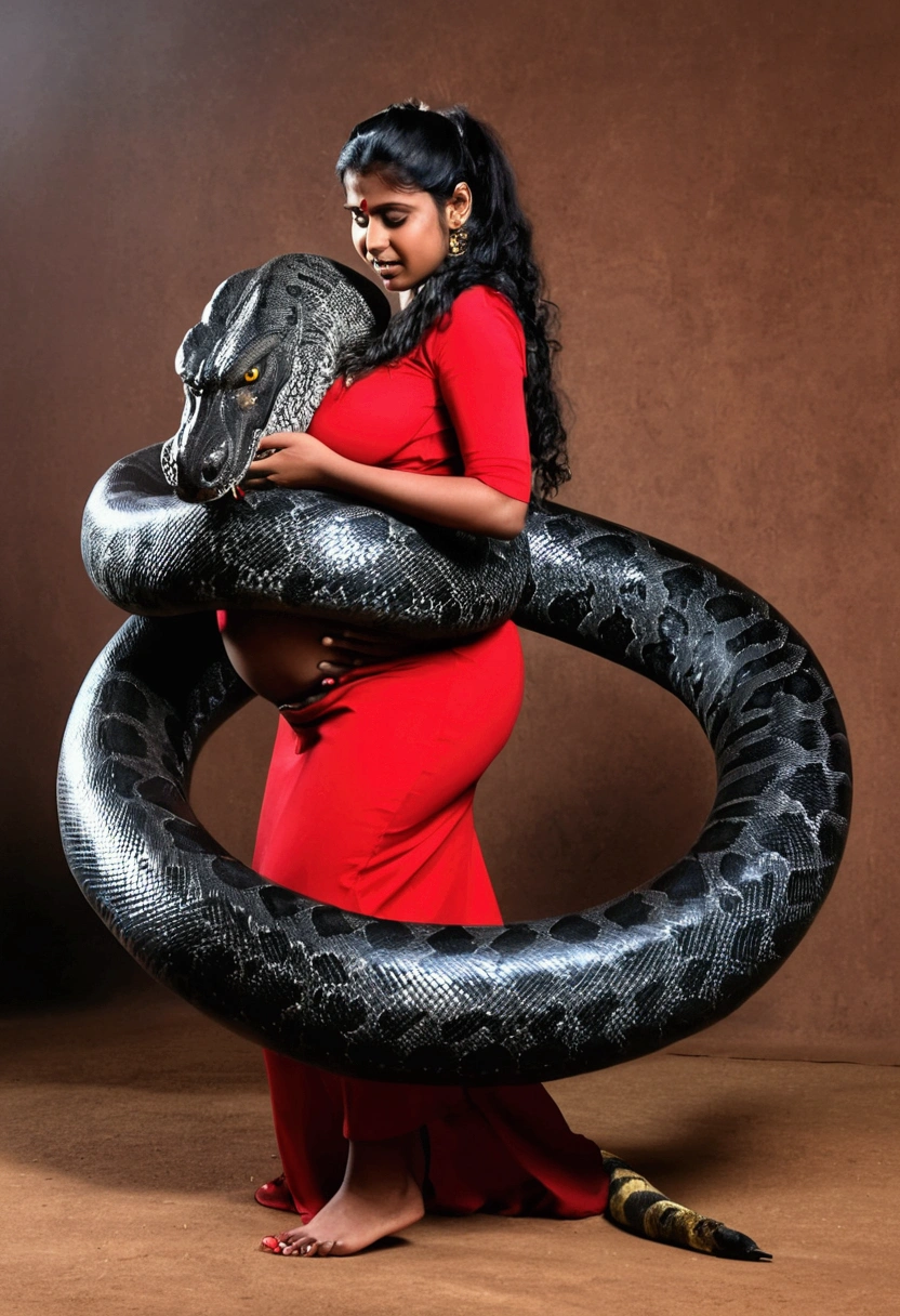 Pregnant Happy Horny, aroused 1girl), beautiful indian young teen girl wearing red thong with giant colossal black titanboa monster squeezing her hard, wrapped in thick spiraling coils, constricted, struggle, gasping for air, snake attack, snake peril,