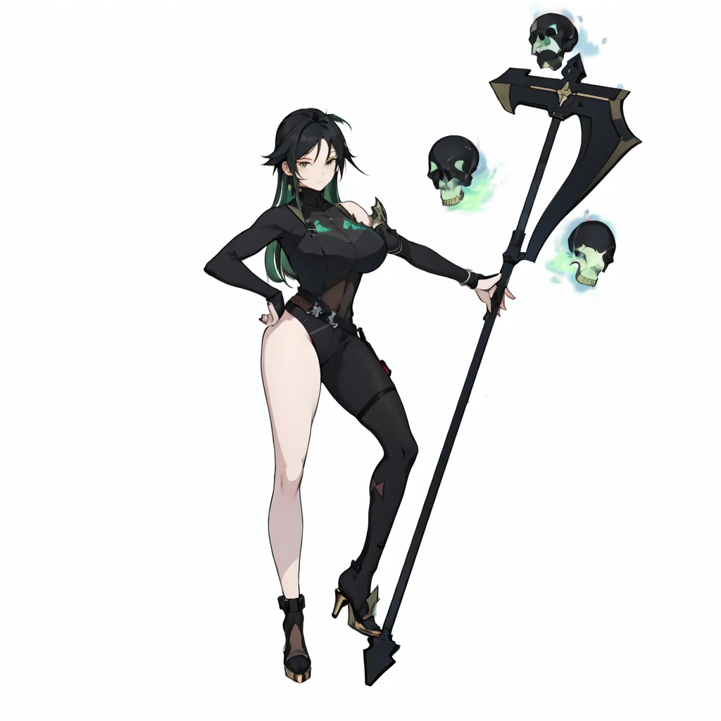 masterpiece,best quality,1girl,right hand in waist,azur lane al azuma,\(herrscher of finality\),solo,full body,black hair with dark green shades,full body, full body black collant,+ +,closed mouth,honkai \(series\),honkai impact 3rd, high heels, holding a great black halderd, three floating black skulls engulfed in green fire, anime character sheet