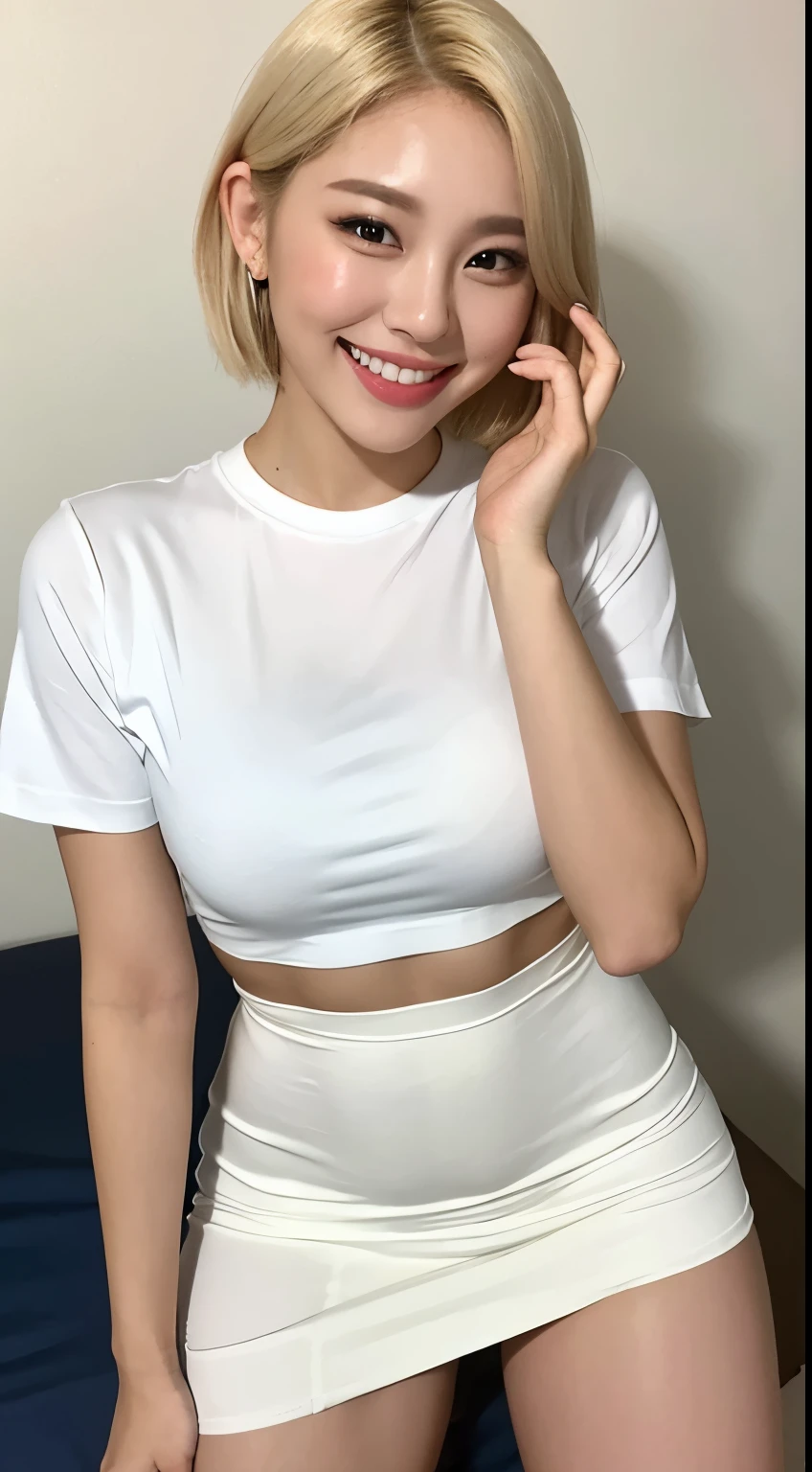White tight shirt、White tight mini skirt、bed、smile、Short sleeve、high resolution、Korean idol face、double eyelid、White teeth、Medium Hair、Blonde