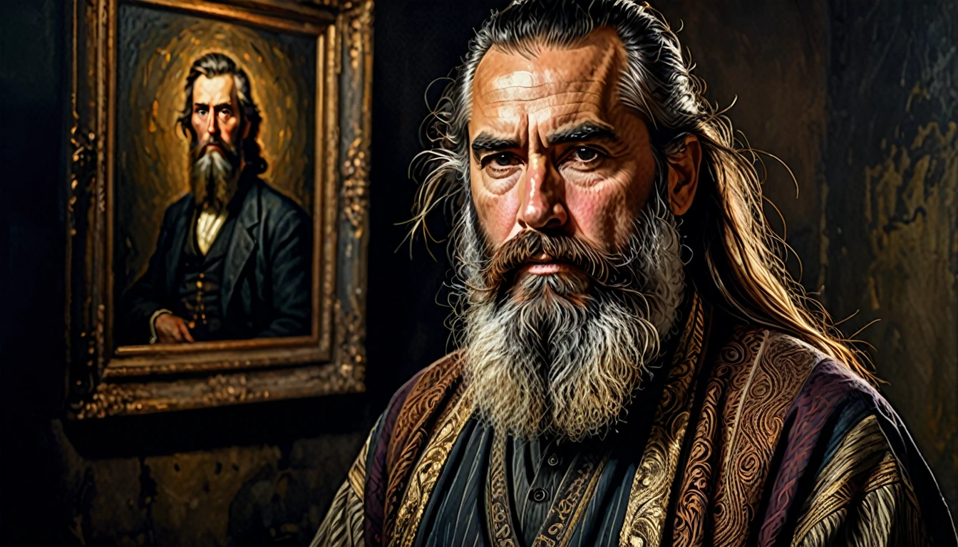 a middle aged man with a long beard, detailed facial features, intelligent expression, serious look, intricate clothing, dramatic lighting, gritty texture, cinematic composition, moody colors, chiaroscuro lighting, authoritative presence, revolutionary spirit, searching gaze, powerful pose, impactful message, bold strokes, expressive brushwork, oil painting, masterpiece, detailed portrait, high resolution, 8k, best quality