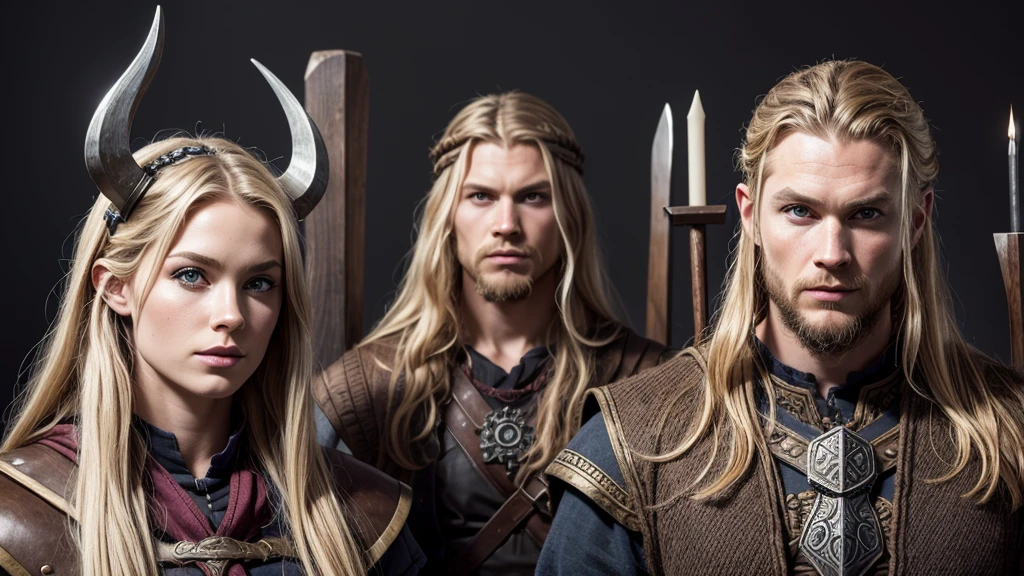 vikings of midgard, no horns, beautiful faces, nordic runes