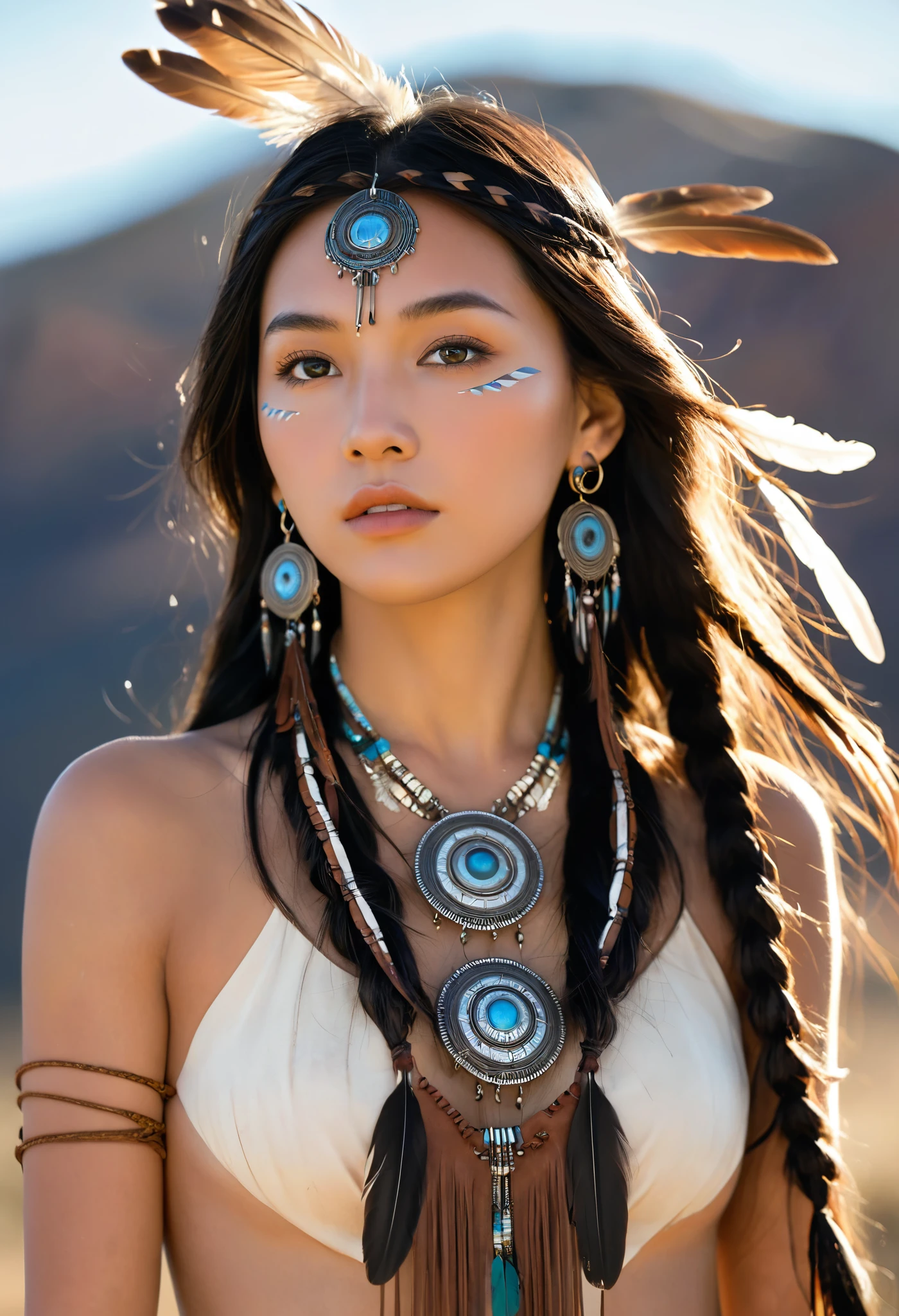((Full body image)) Marie Avgeroupolus plays 14-year-old Pocahontas, Young beautiful Native American woman, Perfectly symmetrical face shape, Aboriginal feather jewelry, (((((nude))))), Armed female hunter warrior, (((The Wild West))) environment, Utah landscape, Surreal, concept art, elegant, ((Wheels within wheels)), ((Very detailed)), Depth of Field, ((Professional color grading)), Soft ambient lighting, dusk, 8K, Art work:artgerm、greg rutkowski 和 alphonse mucha, vaginal exposure