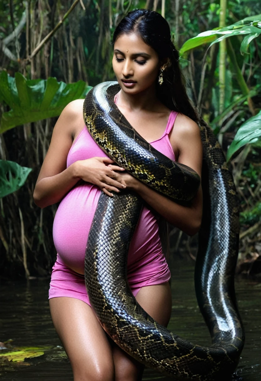 Pregnant Top quality, masterpiece, super high resolution, real photo, raw photo, cute, beautiful young Indian girl, happy expression, joy, glossy skin, dramatic lighting, full body, full body wet, dirty pink tank top, sheer with thin fabric, pink shirt dirty with mud, beautiful breasts, beautiful ass, butt sticking out, creepy, in the dark jungle, waterside, black large anaconda , slim, long limbs, slimy, slim Sleeping on large anaconda a large giant black anaconda wrapped around her neck, a large anaconda wrapped around her body, an anaconda’s head from between her crotches, an anaconda and an anaconda intertwining their tongues and kissing, a girl hugging giant anaconda , a girl and a large anaconda staring at each other Many large anacondas horny aroused tentacle sex large object penetration nsfw snake tongue kissing blowjob bestiality