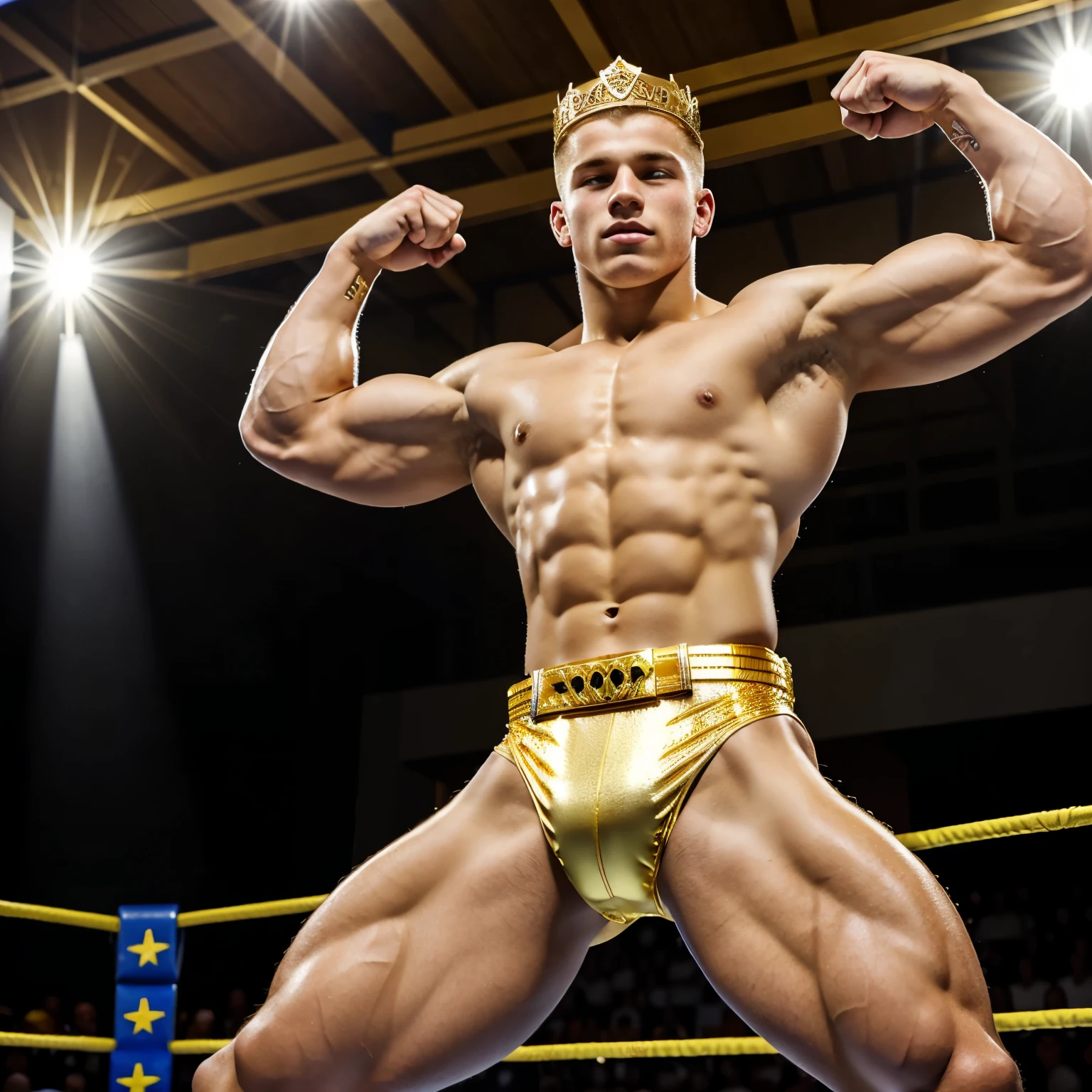 full view full body, one 12 yo white european boy with undercut ligh-brown haircut, hyper muscular and over-bodybuilded, wrestling and dominating one 25 yo grown champion winning bodybuilder white european blonde male wearing a gold crown and champion gold belt on ring