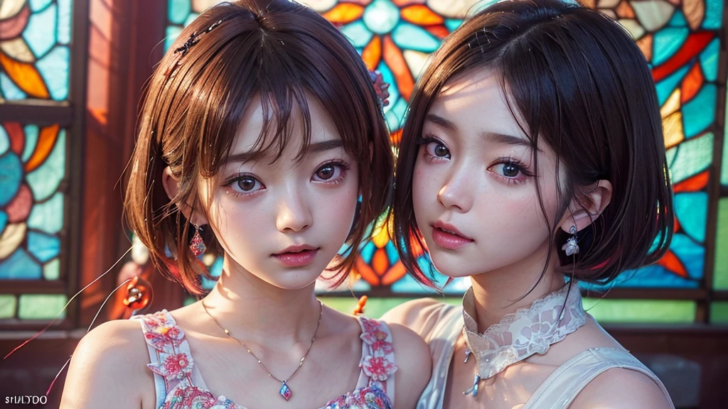 A tiny junior idol in a white outfit with delicate lace, (Expose:0.9), (Nipples:-0.9), (Dynamic Close-up, (Dazzling stained glass background)), (((Renbutsu Misako), Colorful lights shine through the stunning, intricate stained glass:1.2)), Bright red, Lens Particles, Lens flare, Light Particles, Dazzling halo. ((Accutance:0.8)), (masterpiece:1.2),(Very detailed:1.37),(Realistic,photoRealistic, ((photo-Realistic:1.37))born々new feeling). (Very detailedKAWAII顔のバリエーション, Variations in expression), Fine eyes with shimmering highlights, Captivating Gaze, Long eyelashes, Slight redness in the face, Rosy Cheeks, Perfect skin texture . { The girl's body is covered with flowers | Mysterious sight | mist }, ((Dynamic Angle, Physically Based Rendering)) . (((Big eyes:-0.9, Not a detailed finger:-0.9))) .