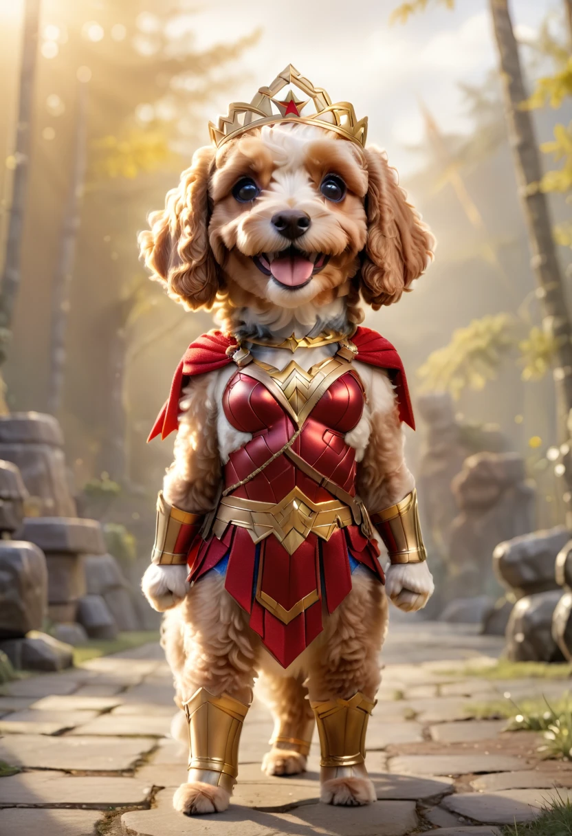 A cute Cavapoodle dressed as Wonder Woman, wearing a red and gold superhero costume with a tiara, standing confidently in a fantasy background with a blurred sunny atmosphere. The Cavapoodle is smiling and looking directly at the camera