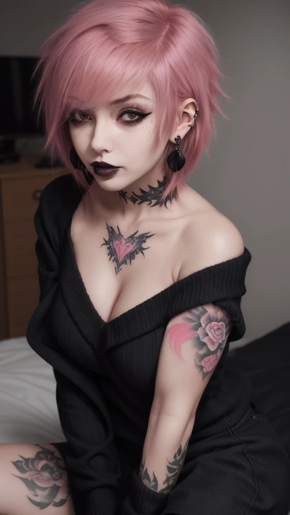 1girl, short emo_hairstyle, pink hair, earrings, sweater, off the shoulder, black lips, black lipstick, tattoos, big breasts