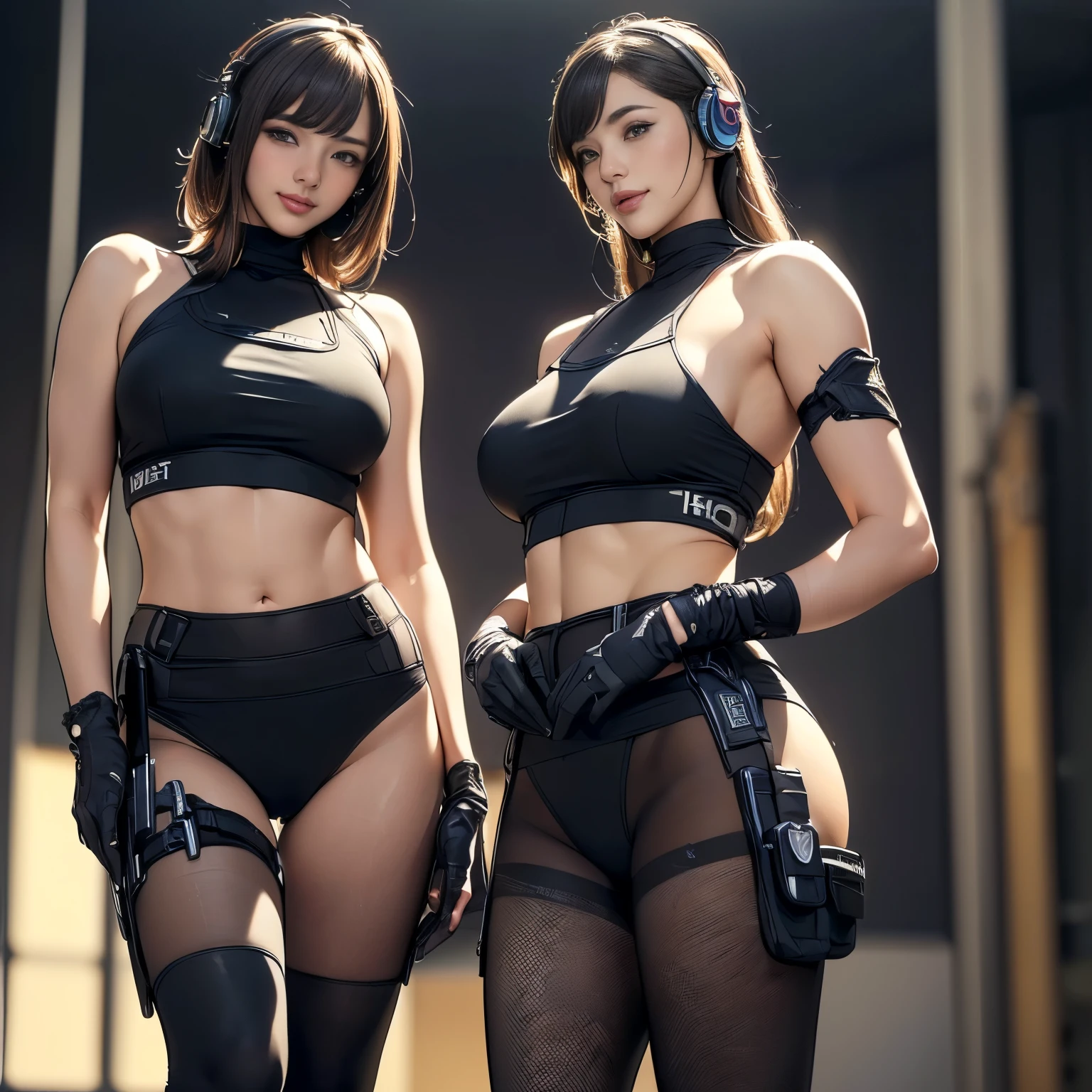 (Two Women),(((Women standing side by side:1.5))),((Black tactical tights:1.5)),((Black headphones:1.5)),((Black Tactical Holster:1.5)),(Black Gloves:1.5),((Wearing the same:1.5)),(Smile:1.5),(beautiful eyes:1.3),(Very detailedな顔:1.5),((Very detailed drawing of a female hand:1.5)),((muscular:1.5)),(Sexy appearance:1.5),((Thick thighs:1.5)),(Beautiful Body:1.5),((Very sensual:1.5)),(Background is the city:1.5),(((Blurred Background:1.5))),(Written border depth:1.5),rest(((masterpiece:1.5),(best quality:1.5),(Very detailed:1.5),(high resolution:1.5),(Practical:1.5),(Practical:1.5),(Delicate depiction),(Carefully drawn))),8k,wallpaper,from below:1.2