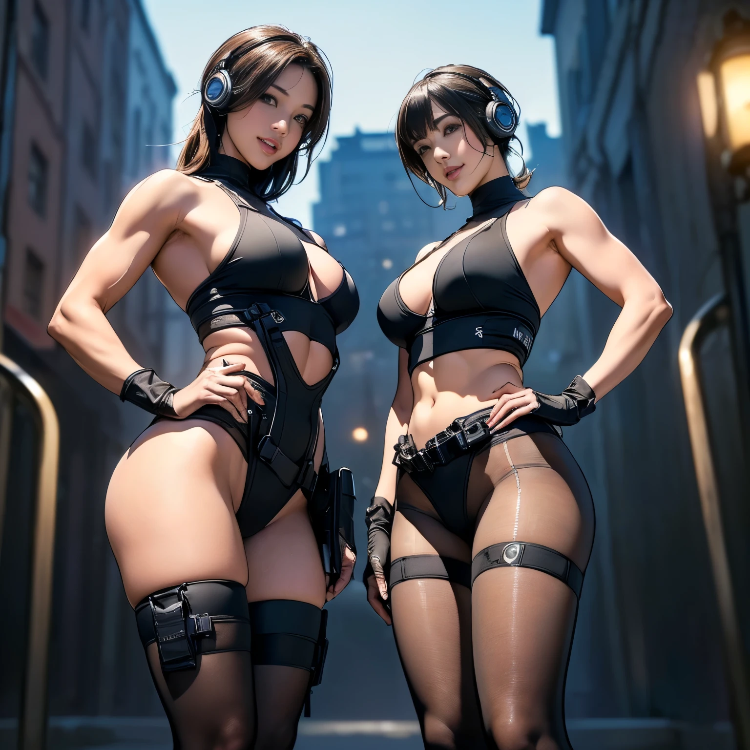 (Two Women),(((Women standing side by side:1.5))),((Black tactical tights:1.5)),((Black headphones:1.5)),((Black Tactical Holster:1.5)),(Black Gloves:1.5),((Wearing the same:1.5)),(Smile:1.5),(beautiful eyes:1.3),(Very detailedな顔:1.5),((Very detailed drawing of a female hand:1.5)),((muscular:1.5)),(Sexy appearance:1.5),((Thick thighs:1.5)),(Beautiful Body:1.5),((Very sensual:1.5)),(Background is the city:1.5),(((Blurred Background:1.5))),(Written border depth:1.5),rest(((masterpiece:1.5),(best quality:1.5),(Very detailed:1.5),(high resolution:1.5),(Practical:1.5),(Practical:1.5),(Delicate depiction),(Carefully drawn))),8k,wallpaper,from below:1.2