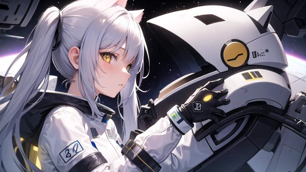 masterpiece, Highest quality, One girl, Inside the spaceship, Spacesuit, Upper Body, From the side, sf, Yellow Eyes, Twin tails, Silver Hair, Cat ear, View your viewers,
