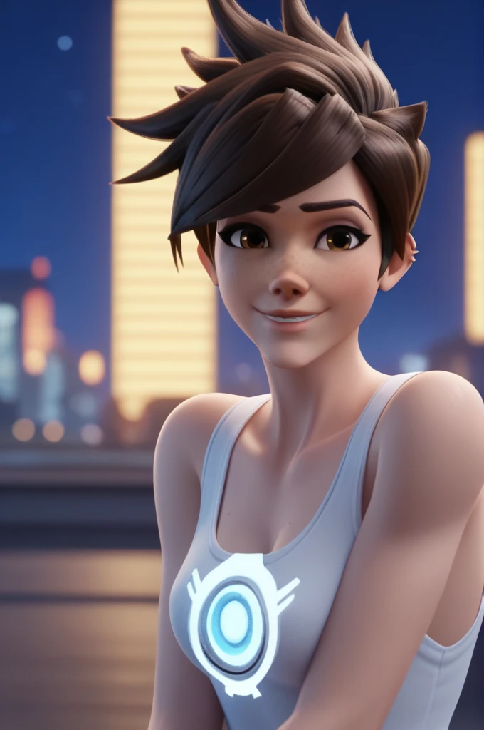 score_9, score_8_up, score_7_up, BREAK, 1girl, solo, tracer \(overwatch\), portrait, upper body, smile, looking at viewer, depth of field, outdoors, night, night sky, city, tank top,