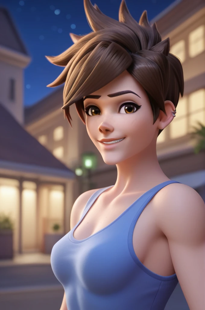 score_9, score_8_up, score_7_up, BREAK, 1girl, solo, tracer \(overwatch\), portrait, upper body, smile, looking at viewer, depth of field, outdoors, night, night sky, city, tank top,