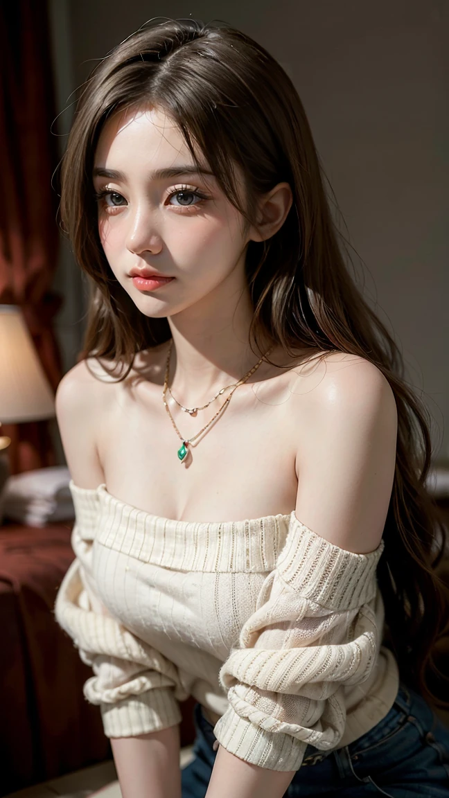 girl in, 18-years old, ((Hyper-Realism))texturized skin, alone, long hair, Colossal , looking ahead at viewer, russet hair, bared shoulders, greeneyes, jewerly, whole body, a necklace, off the shoulders, Sweaters, mini skirt, realisitic, A sexy
