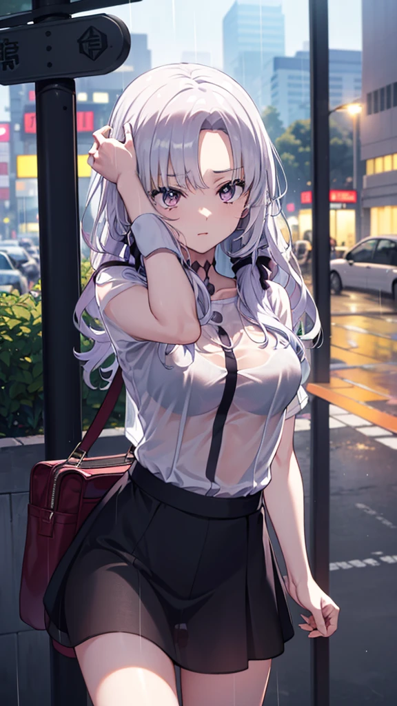 The clothes are wet, (Y-shirt is transparent: 1.4), skirt, (Unbroken body), (Perfect body structure), (arms two), (legs two), highest quality, 4K, (High resolution: 1.3) masterpiece , 1.2, Super detailed, HDR, Studio Lighting, Sharp Focus, Bright colors, Portrait, Warm tones, Soft Lighting,A bus stop in the evening rain、(Put your hands on your head)、