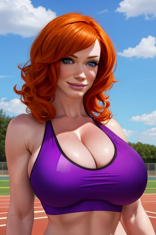 Masterpiece, best quality, 1girl, solo, Christina Hendricks, orange hair, shoulder-length hair, blue eyes, pale skin, smile, large breasts, huge bust, cleavage, purple sports bra, purple sports bottoms, buruma, outdoors, track and field, smug
