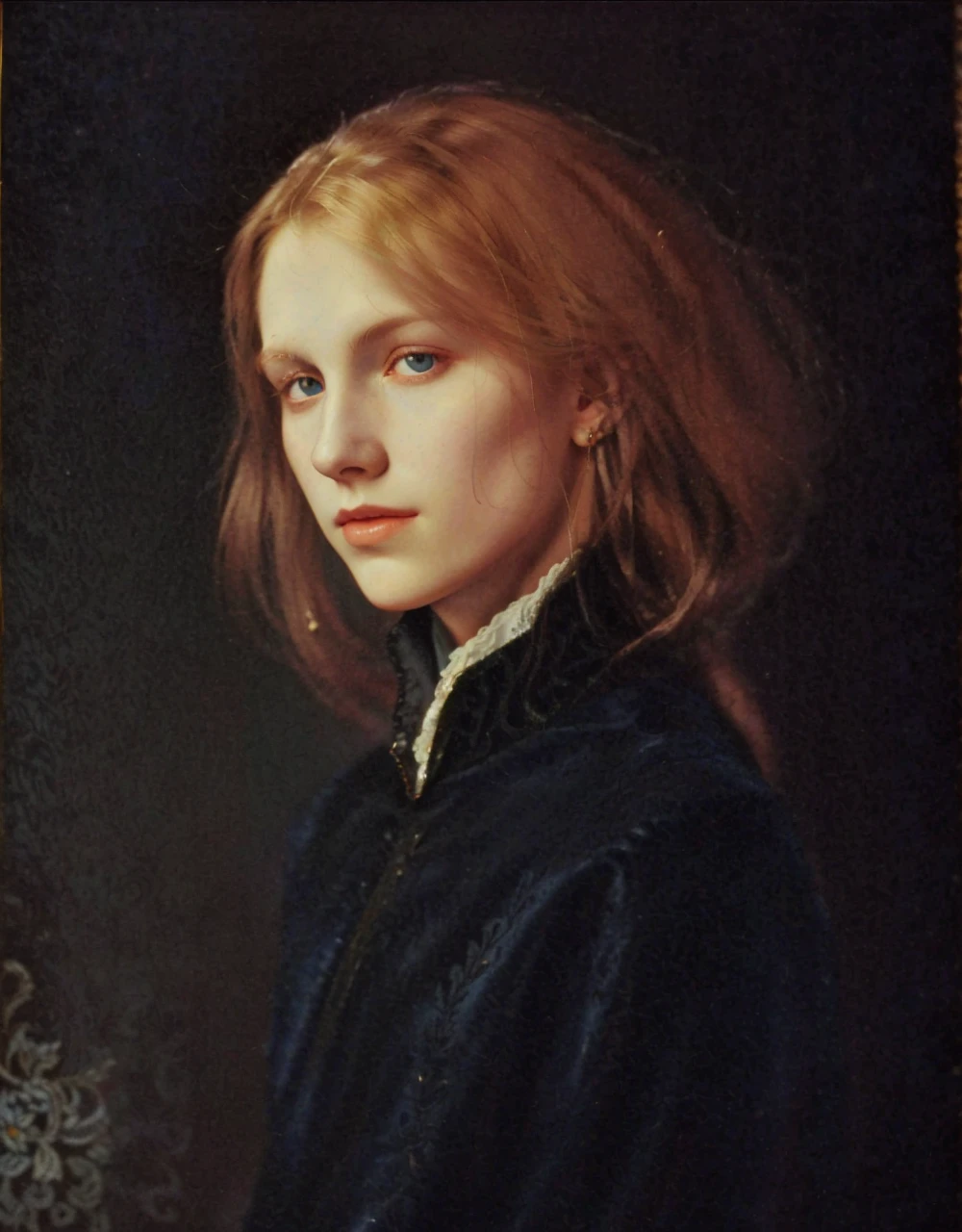 Male, Portrait of Christopher Marlowe, white skin, piercing icy blue eyes, silky golden-brown hair, refined features, charp jawline, clean shaved, black Elizabethan velvet jerkin, embroidered velvet doublet, white laced shirt, art deco style, Alphonse Mucha style, high quality