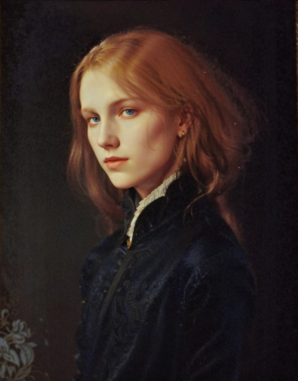Male, Portrait of Christopher Marlowe, white skin, piercing icy blue eyes, silky golden-brown hair, refined features, charp jawline, clean shaved, black Elizabethan velvet jerkin, embroidered velvet doublet, white laced shirt, art deco style, Alphonse Mucha style, high quality