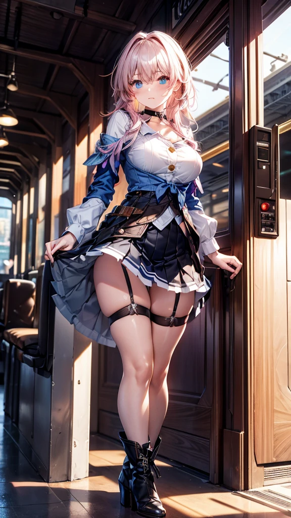 a beautiful young woman, light pink hair, big blue eyes, ankle boots, archery shooting glove, badge, bare legs, black choker, black corset, black footwear, black gloves, blue jacket, blue skirt, boots, button badge, buttons, choker, collarbone, corset, earrings, flower ornament, gloves, high heel boots, high heels, jacket, jewelry, long sleeves, miniskirt, partially fingerless gloves, pleated skirt, shirt, showing blue lace panties, single earring, single glove, skirt, thigh strap, tied jacket, underbust, white shirt, blue lace panties, detailed panties, skirt lift, flipped my skirt, innocent looking, beautiful detailed eyes, beautiful detailed lips, extremely detailed face, long eyelashes, standing in a train station, sunlight streaming through the windows, intricate architectural details, gleaming metal and glass, warm color palette, cinematic lighting, photorealistic, 8k, high quality, detailed
