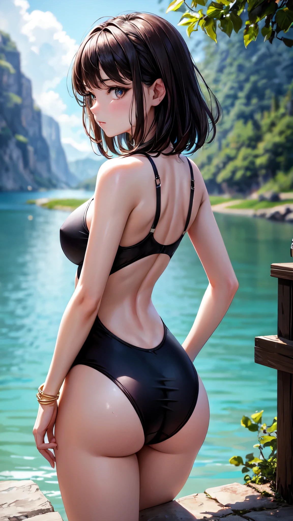 (4K,masterpiece,best quality,ultra detailed,high resolution),(daylight,bloom),cowboy shot,cute female,solo,age,slender,(medium hair,dark brown hair,black hair),(beautiful detailed face,beautiful detailed eyes,finely detailed skin,beautiful big beast,medium hip,fair skin),(one piace competition swimsuits),(on beautiful lake side),(from behind),