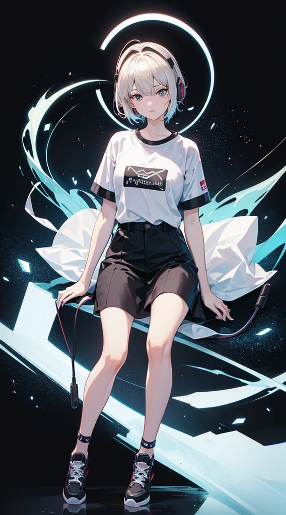 Top Quality, 8K, 4K, High Definition, Detail, (better-quality, 8K, 12), top-quality, 1 girl, short hair, she siting, wearing headphones, music effect around, full body, black background, shirt design, 90s type vibe,
