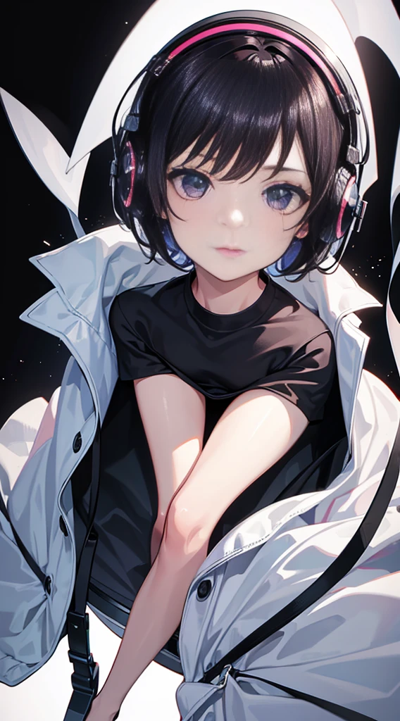 Top Quality, 8K, 4K, High Definition, Detail, (better-quality, 8K, 12), top-quality, 1 girl, short hair, she siting, wearing headphones, music effect around, full body, black background, shirt design, 90s type vibe,