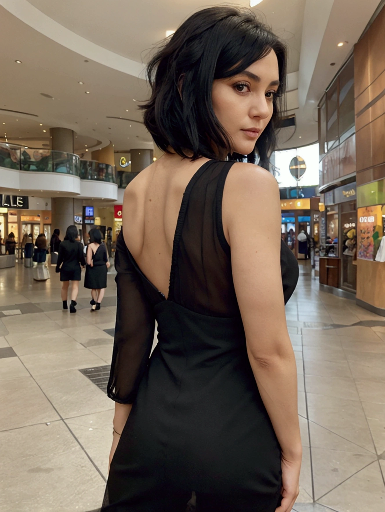 a mature woman, shoulder length black hair, at the mall, looking back, ultra realistic, 18k