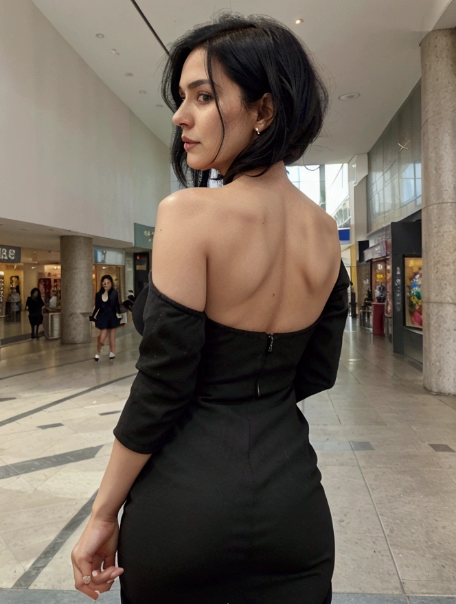 a mature woman, shoulder length black hair, at the mall, looking back, ultra realistic, 18k