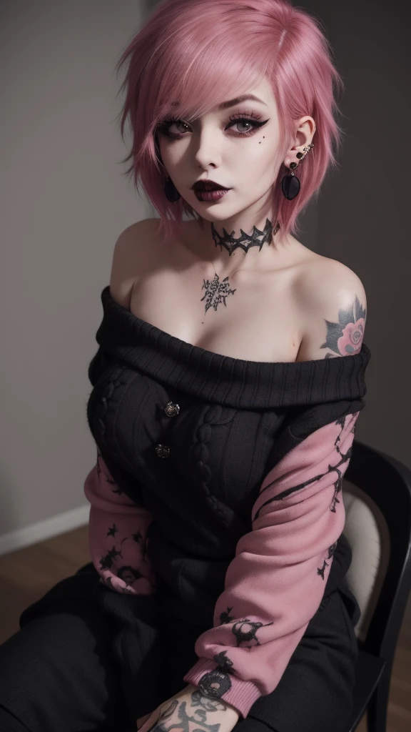 1girl, short emo_hairstyle, pink hair, earrings, sweater, off the shoulder, black lips, black lipstick, tattoos, big breasts