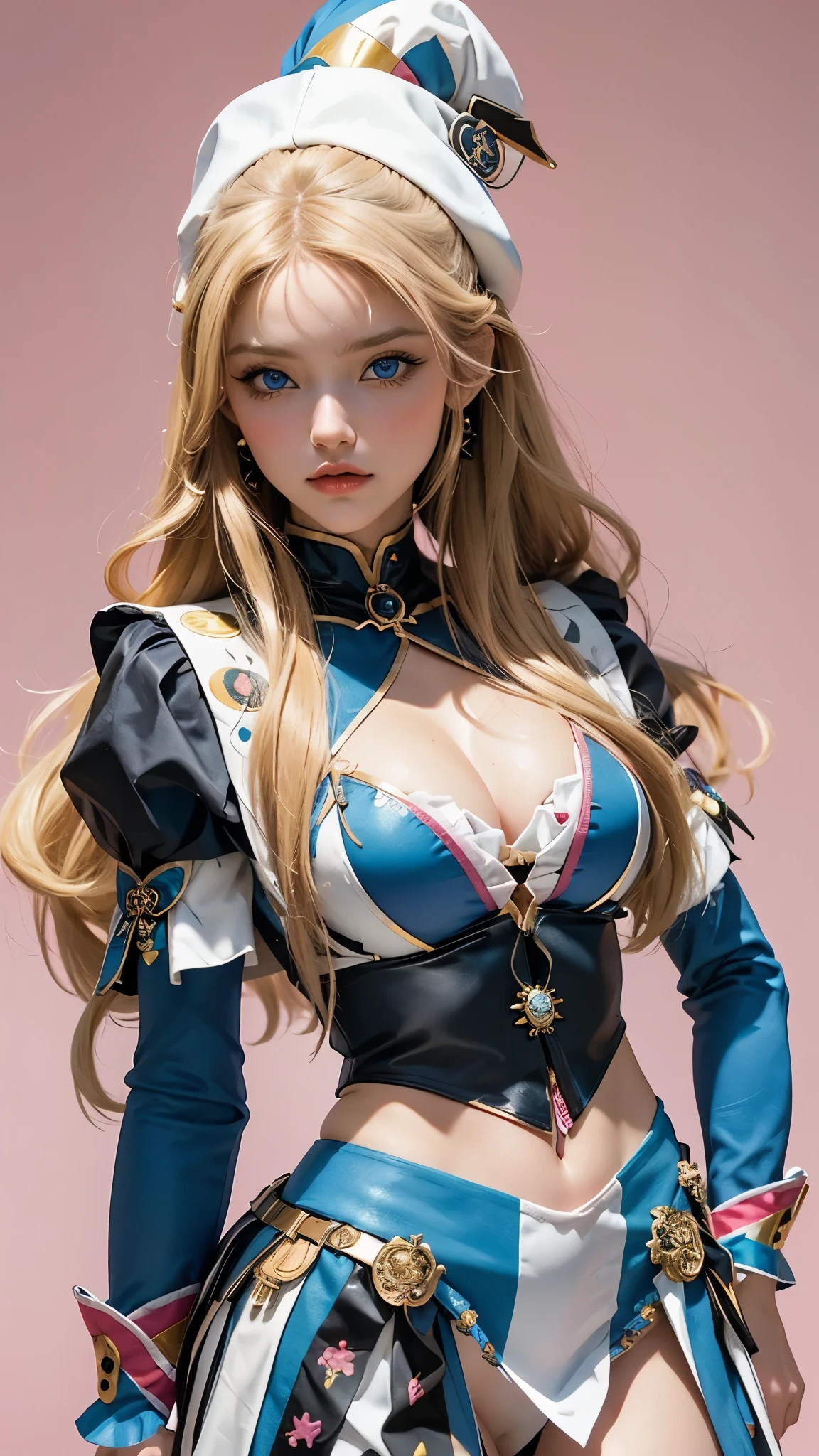 ((masterpiece, best quality, photorealism, RAW quality)), (BLONDE girl with a perfect face, blue eyes, sharp pupil), ((wearing a harlequin outfit composed of patches of different colors, tight to the body)), (add makeup with bright colors or black and white to highlight your eyes and look spectacular), harlequin hat decorated with bells, lots of gools dancing everywhere. (SHE distressed), Pink background.