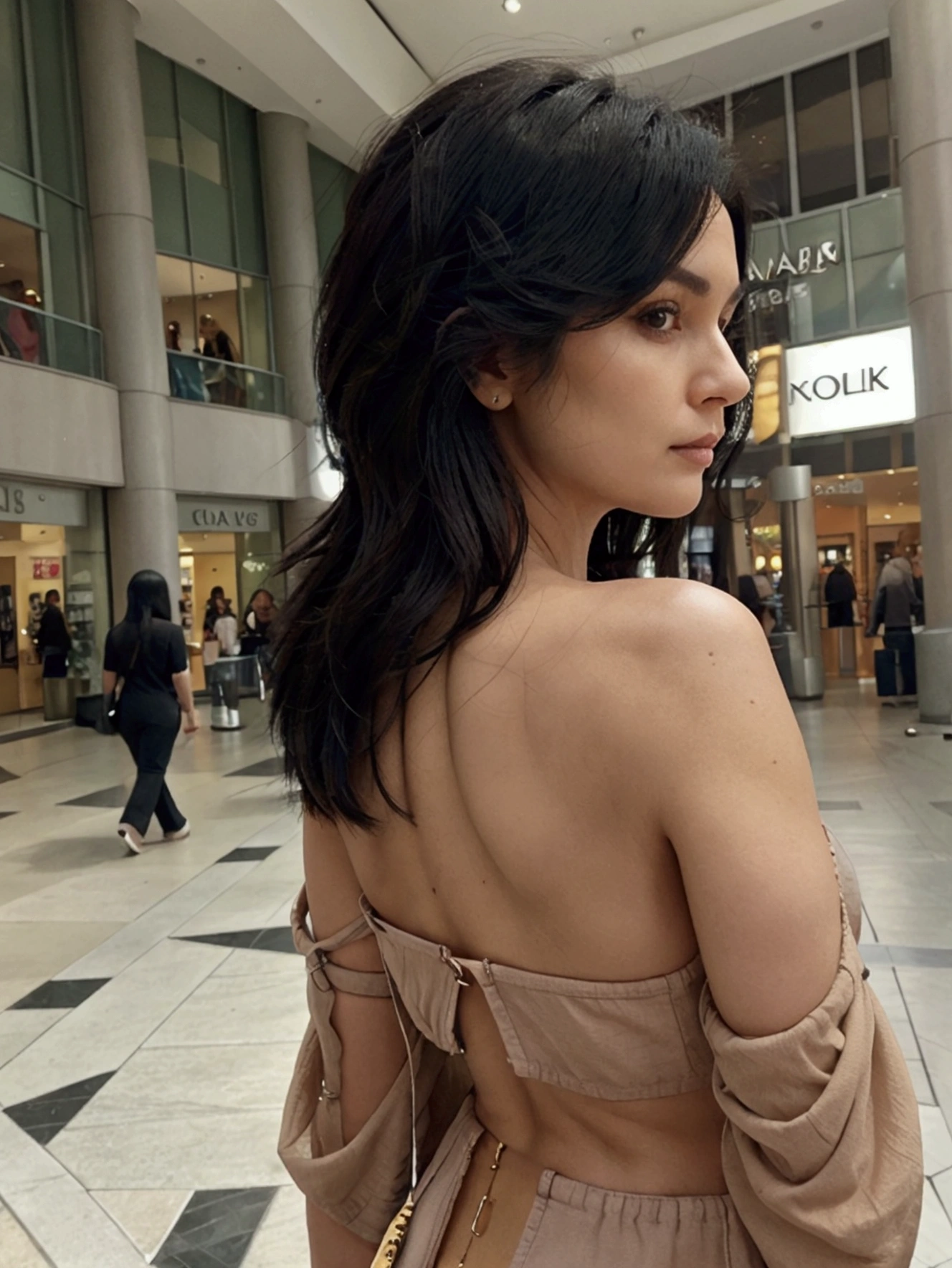 a mature woman, shoulder length black hair, at the mall, looking back, ultra realistic, 18k
