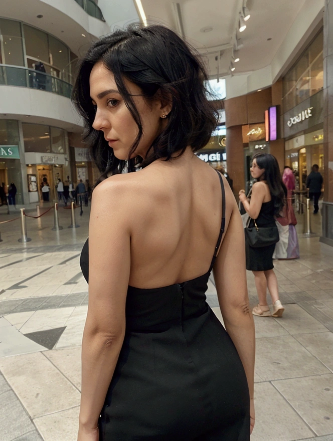 a mature woman, shoulder length black hair, at the mall, looking back, ultra realistic, 18k