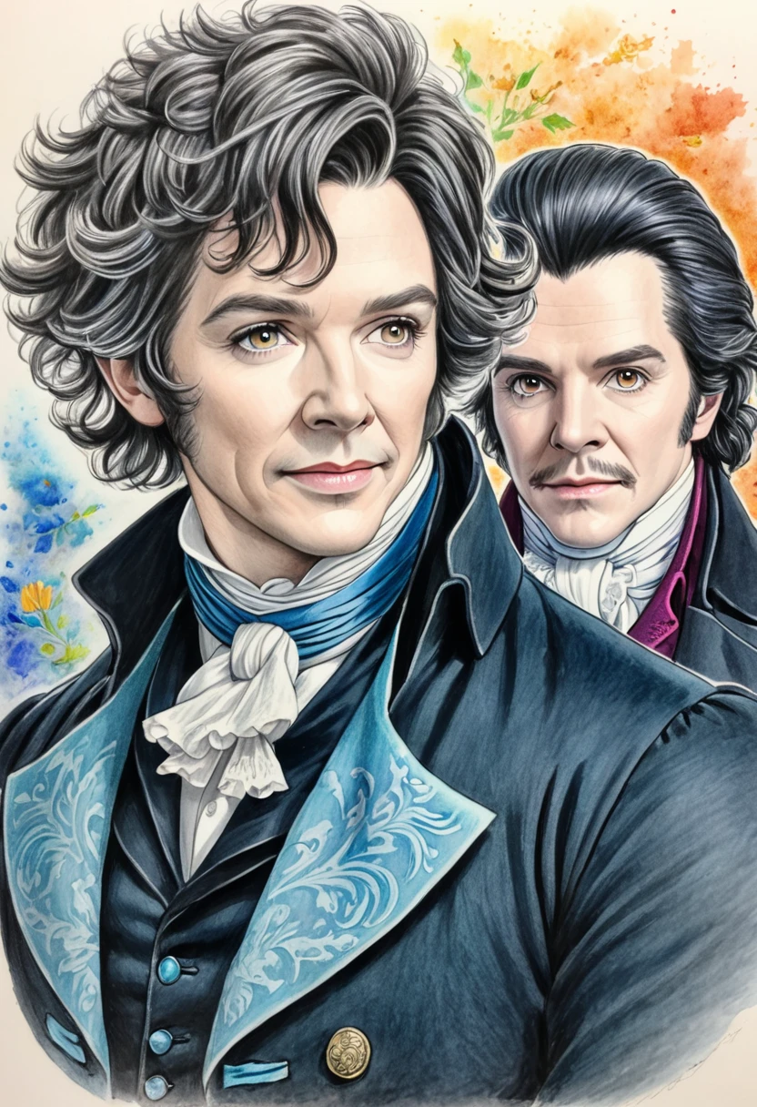 Colored pencil drawing of Jonathan Strange and Mr Norrell.