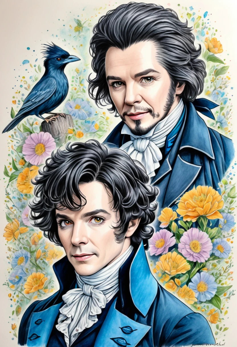 Colored pencil drawing of Jonathan Strange and Mr Norrell.