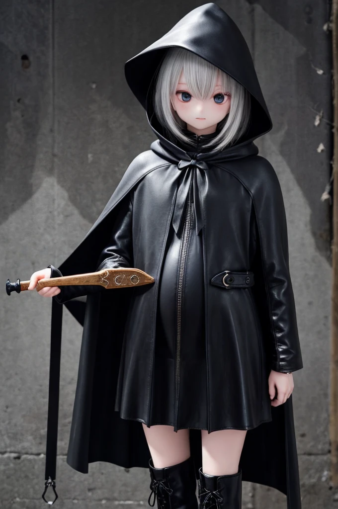 Woman wearing a black cloak、Pregnant Thief、Holding a knife、Black Leather Boots、leather armor