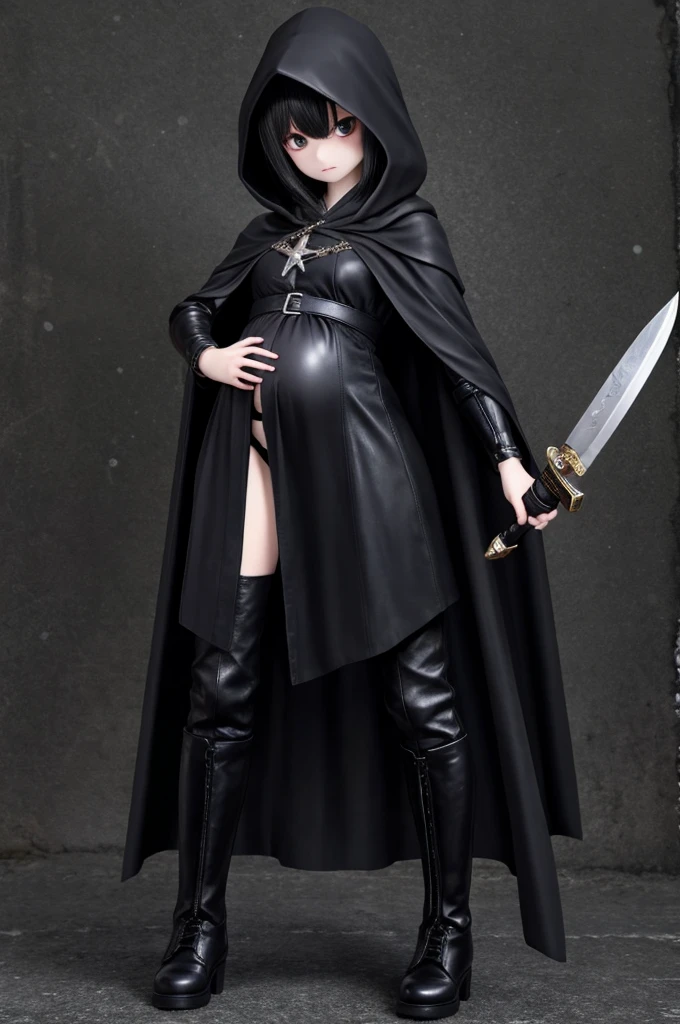 Woman wearing a black cloak、Pregnant Thief、Holding a knife、Black Leather Boots、leather armor